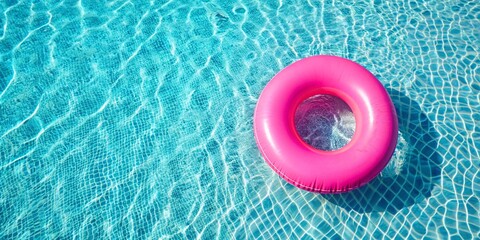 Summer Serenity: Pink Float in Pool. A vibrant pink float rests on the shimmering surface of a clear blue swimming pool, evoking a sense of relaxation and summer fun.