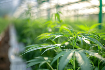 commercial processing of medical cannabis marijuana leafs in growing plant greenhouse