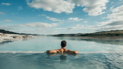 Fototapeta premium man on his back in a hot spring lake surrounded by mountains