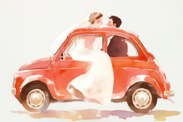 Watercolor Illustration of Bride and Groom Embracing in a Classic Red Car on Wedding Day