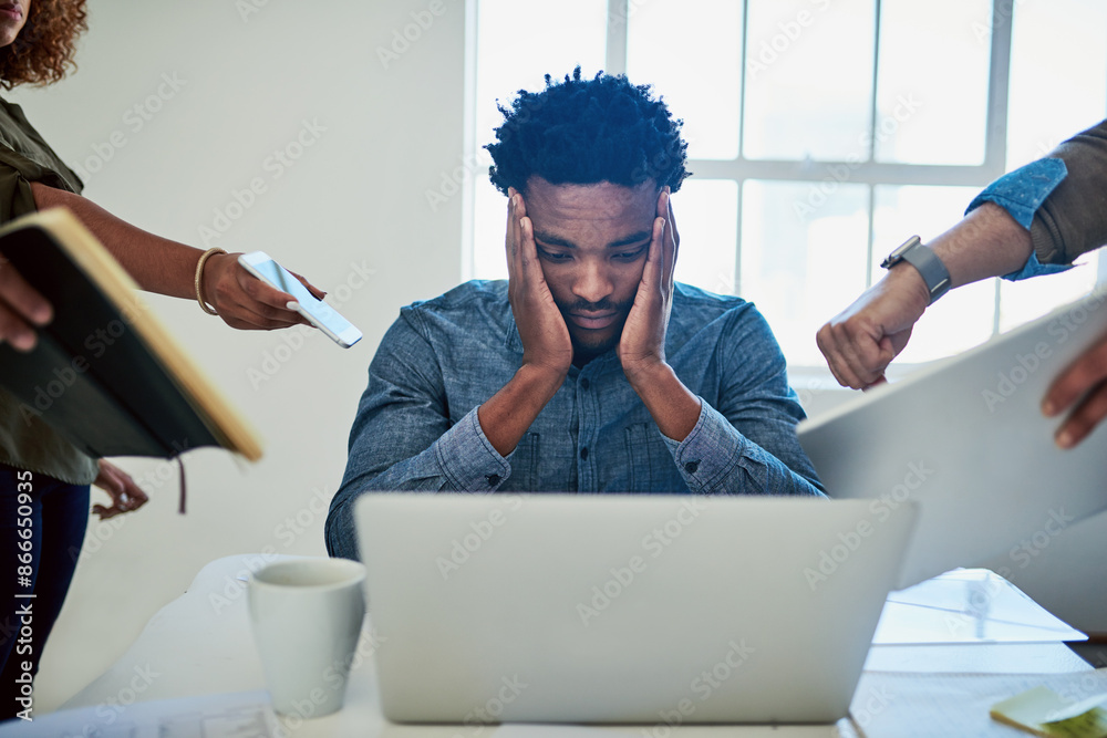 Aufkleber headache, chaos and business man in office with team hands for support and admin crisis on computer.