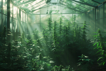 Obraz premium commercial processing of medical cannabis marijuana leafs in growing plant greenhouse