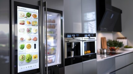 Smart refrigerator with a touchscreen interface displaying recipes and food inventory, showcasing the integration of technology in everyday kitchen tasks
