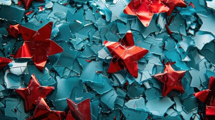 Red foil stars on blue glass shards for a festive decoration