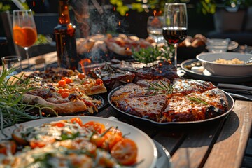 In the comfortable atmosphere of the American backyard, the backyard dinner party, the table has rich food, pizza, steak,