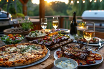 Obraz premium In the comfortable atmosphere of the American backyard, the backyard dinner party, the table has rich food, pizza, steak,