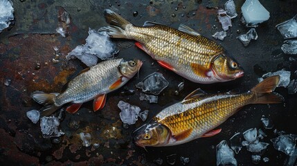 Rutilus fish and roach fish on dark metal backdrop with ice fragments