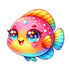 Naklejka premium Adorable cartoon fish with vibrant colors and large, expressive eyes, perfect for children's illustrations and marine-themed decor.