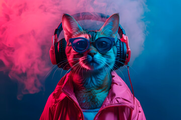 Surreal or fantasy portrait of a cat wearing a pink jacket, sunglasses and headphones with an abstract background of colorful smoke. Generative Ai.	