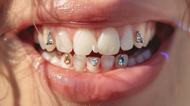 Photography Close-up Of A Woman's Teeth With Dental Jewelry, Modern Dental Jewelry, Fashion Teeth