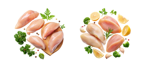Fresh chicken cut out on a backdrop. Raw chicken pieces on a transparent background.