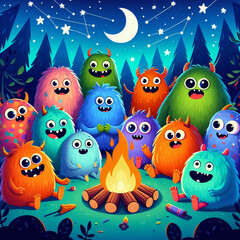 Naklejka premium illustrations of friendly, fuzzy monsters around the campfire with trees