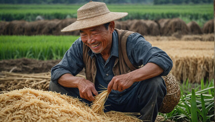 Asian farmer working in the rice fields and collects rice. Rice harvest.