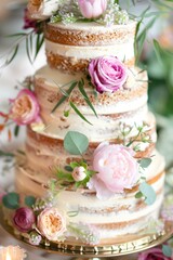 beautifully decorated layer cake with fresh flowers and greenery, displayed on a gold cake stand. The style is elegant and fresh