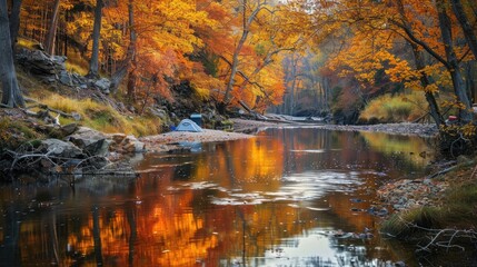 Obraz premium A peaceful riverside campsite with a view of a gently flowing river and vibrant autumn trees reflected in the water.