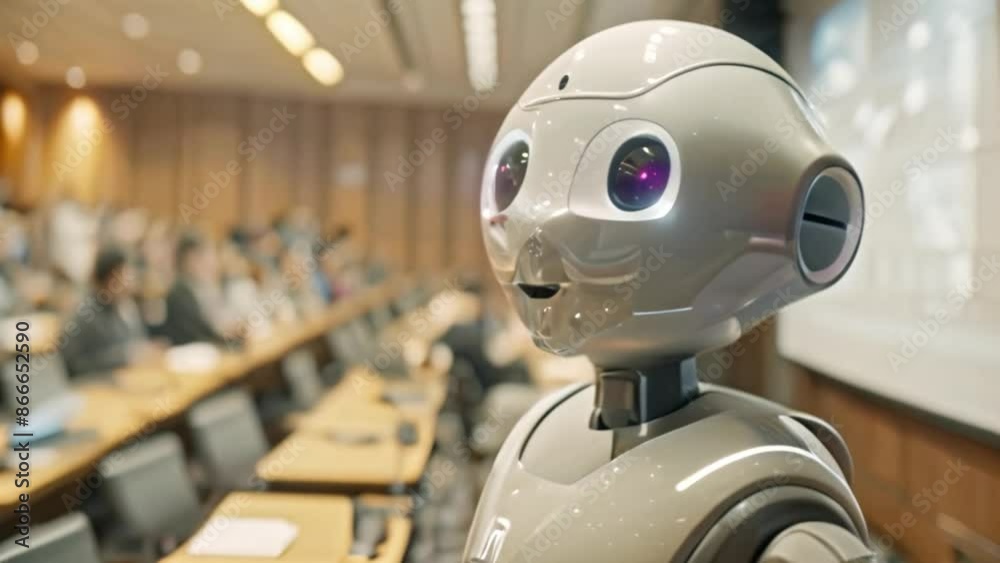 Aufkleber a smiling white robot with big eyes is front and center in a conference room, facing the camera. peo