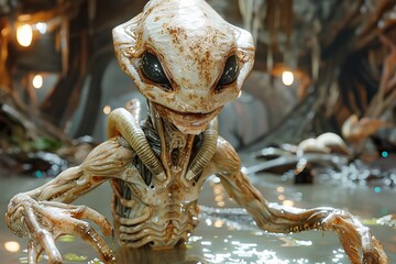 A creepy alien creature with large black eyes and bony limbs emerging from a swamp, creating a scene of eerie suspense and otherworldly mystery.

