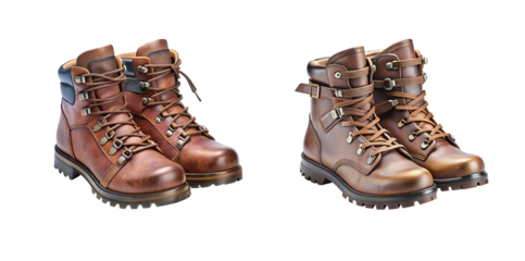 Two pairs of stylish brown boots.Stylish boots in brown, two pairs on transparent PNG image.