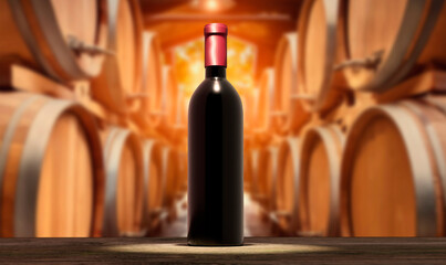 red wine  bottle in an old winery full of barrels