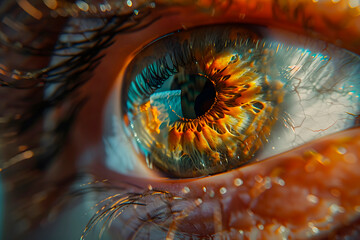 Close-up close-up of a person's eye with blue or green iris with orange or amber tints. Beautiful eyes. Generative Ai.	