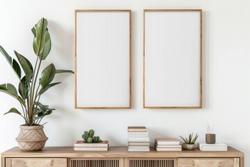 two wooden picture frames hanging on a white wall above a modern sideboard with books and a potted plant in a close up view