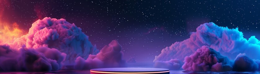 Abstract digital art of a stage set in a surreal, colorful cloudscape with vibrant hues and dreamy atmosphere.