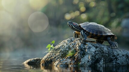Fototapeta premium realistic nature photography of turtle standing on a rock