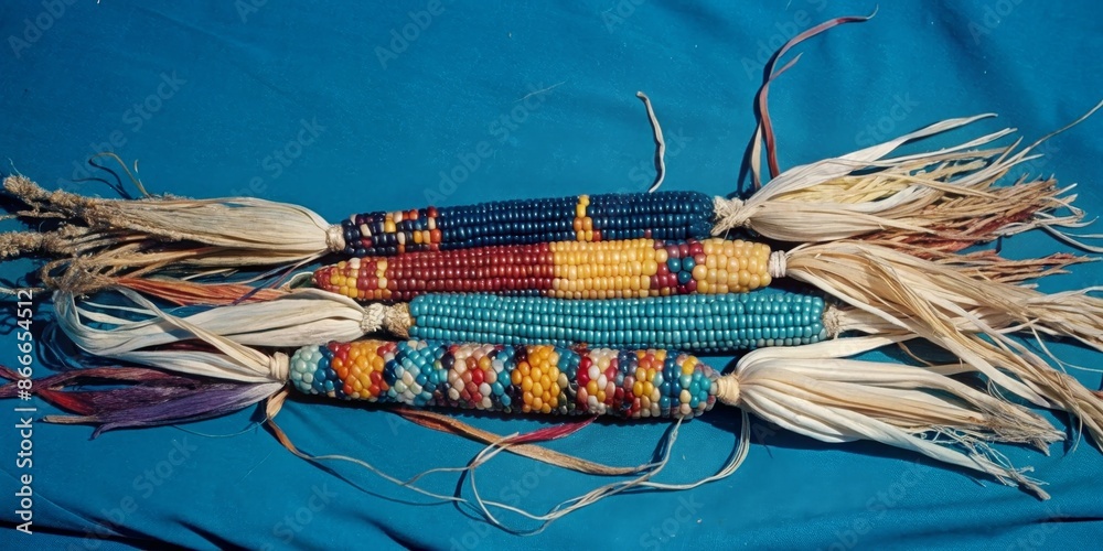 Poster a row of corn with colorful beads on them