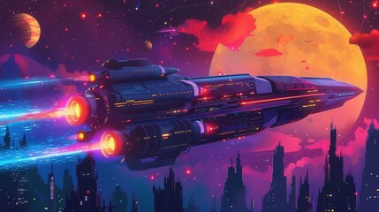 Interstellar travel flat design, side view, futuristic theme, animation, colored pastel