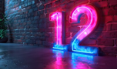 3D render number 12 glowing in pink and blue neon light: 12th birthday concept.