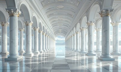 Detailed 3D rendering of marble pillars in a white corridor, illustrating architectural elegance and structural precision.