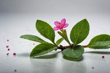  green leave and a small pink flower on a white background