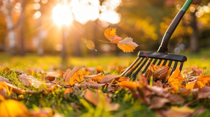 closeup a rake collecting autumn leaves on a sunrise