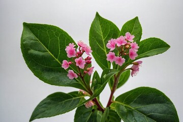  green leave and a small pink flower on a white background