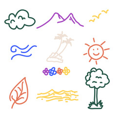 Set of nature doodles, children's scribble drawings. Clouds, trees, mountains, sun, wind, vector illustration