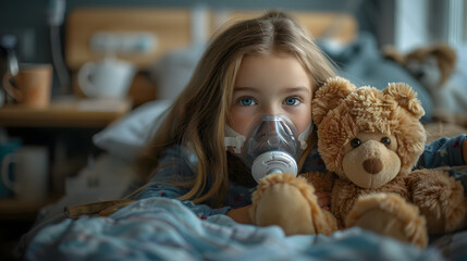 Girl suffering from pneumonia lying in a hospital bed with oxygen mask. Preteen kid patient with asphyxia breathing in oxygen mask
