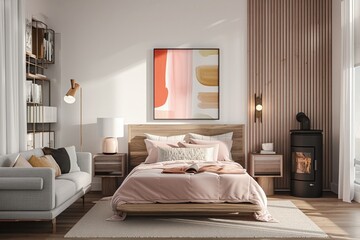 Sleek bedroom with pink and gold accents, featuring a large wooden headboard