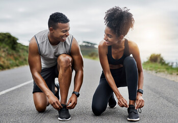 Nature, exercise and couple tie laces in road with running workout for race or marathon training....