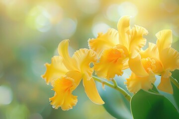 Fototapeta premium Gorgeous yellow orchids blooming in lush greenery, nature beauty and serenity concept