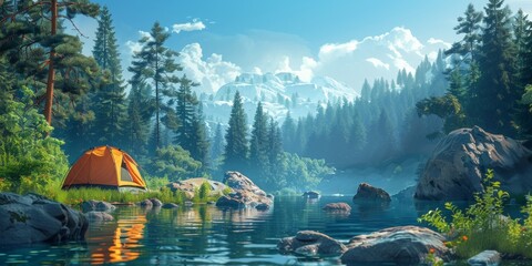A serene forest scene with a tent nestled by a tranquil lake.