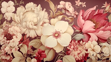 beautiful fantasy vintage wallpaper botanical flower bunch,vintage motif for floral print digital background.