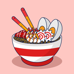 Ramen Noodles Concept With Floating Cartoon Chopsticks. illustration of Noodles, ramen, spaghetti, pasta hand drawn vector, Isolated Premium Vector Food Object Icon Concept. Flat Cartoon Style.