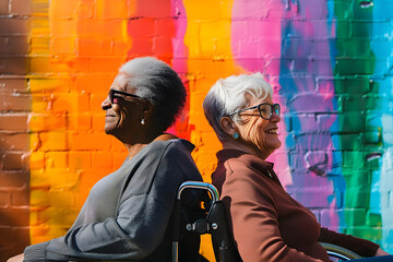 Senior interracial gay female women in wheelchairs back to back against rainbow mural. Elderly lesbian couple celebrating pride month. Mature african american and white women in love. Age inclusion