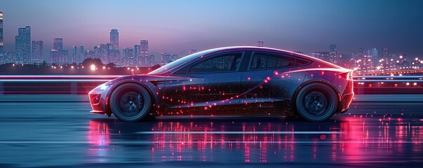 Futuristic electric self-driving car on highway, with wide banners displaying statistics and efficiency, plus copy space.