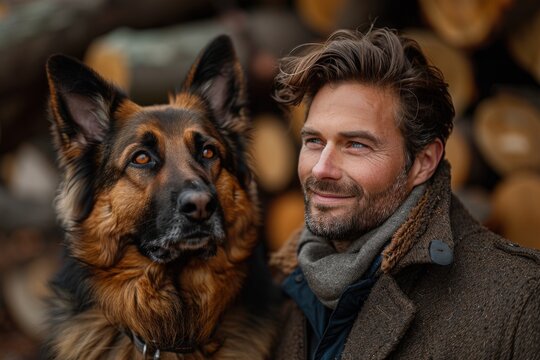 A bearded man in a brown coat is outdoors with his German Shepherd. Both share a deep connection, set against an autumn backdrop with trees and logs.