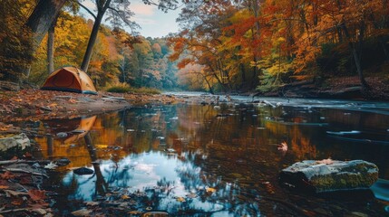 A peaceful riverside campsite with a view of a gently flowing river and vibrant autumn trees reflected in the water.