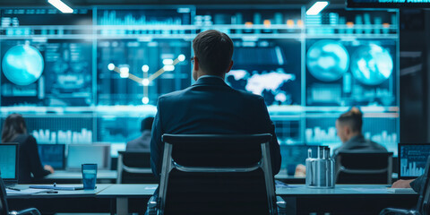 Obraz premium Businessman Analyzing Data in Control Room | Professional Monitoring Global Operations