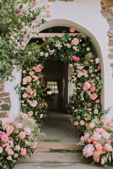 Naklejka premium charming stone chapel entrance adorned with lush floral arrangements, featuring a mix of roses, greenery, and wildflowers