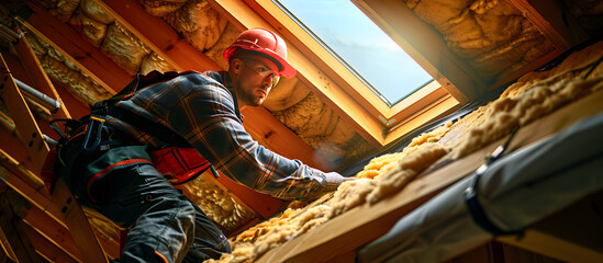 Man installing thermal insulation layer under the roof using mineral wool panels, Construction worker