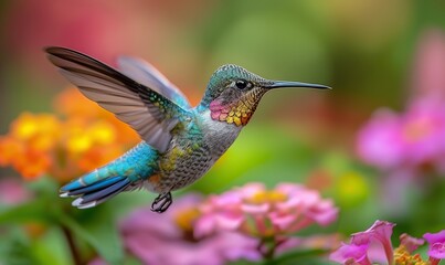 Fototapeta premium Hummingbirds in vibrant colors flutter and sip nectar from flowers.